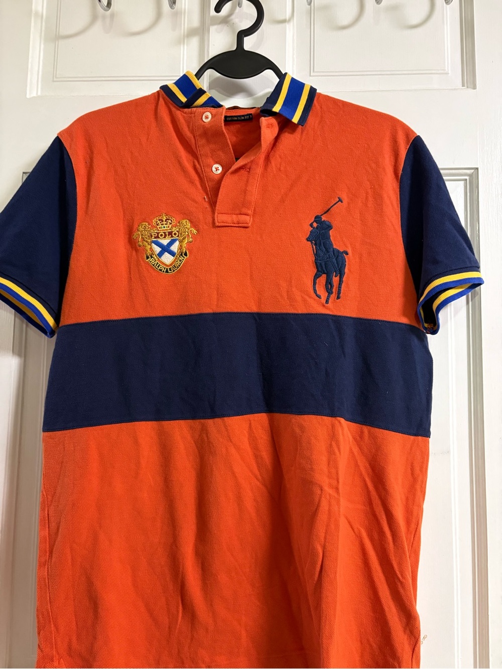 Polo by Ralph Lauren Orange & Navy Wide-Stripe Polo with Crest